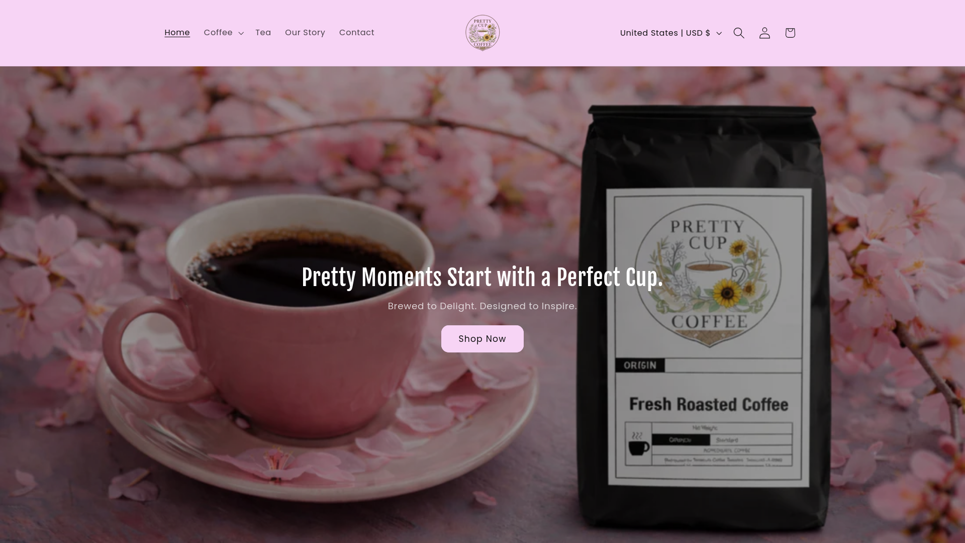 website screenshot of https://prettycupcoffee.com