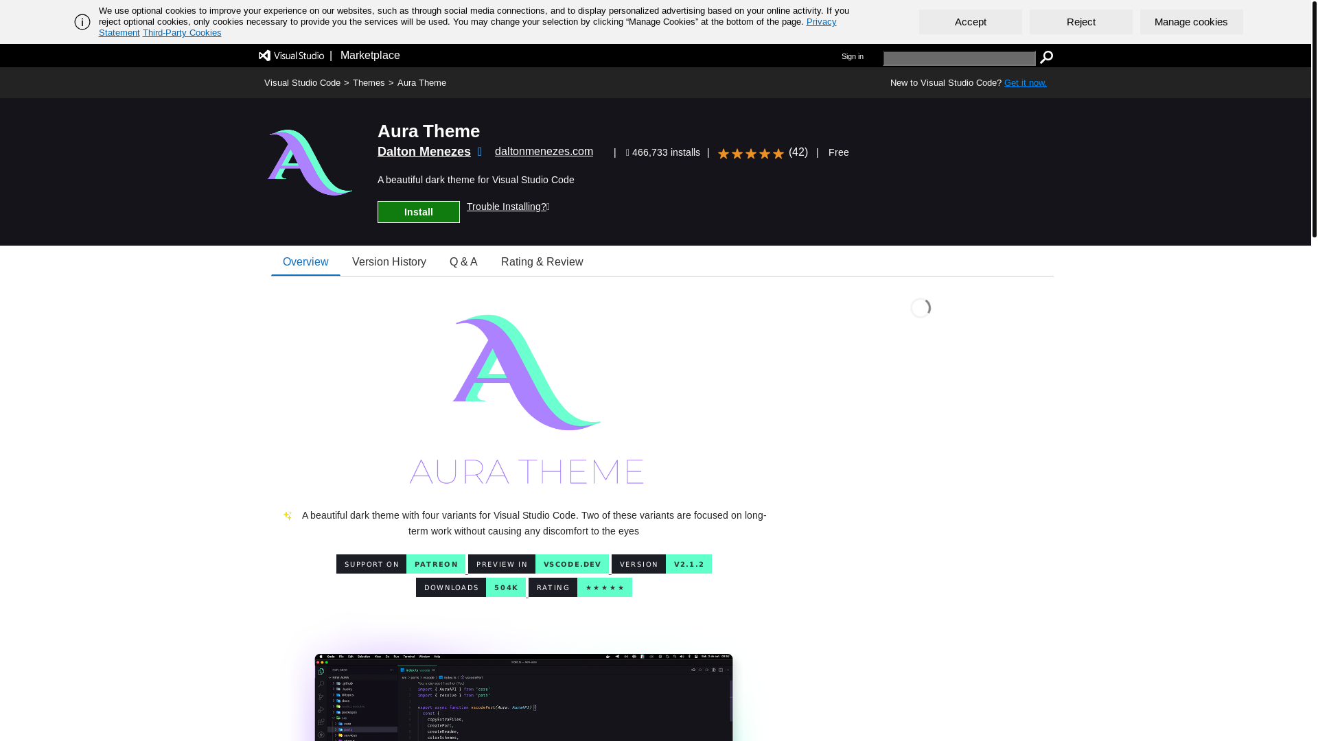 website screenshot of https://marketplace.visualstudio.com/items?itemName=DaltonMenezes.aura-theme