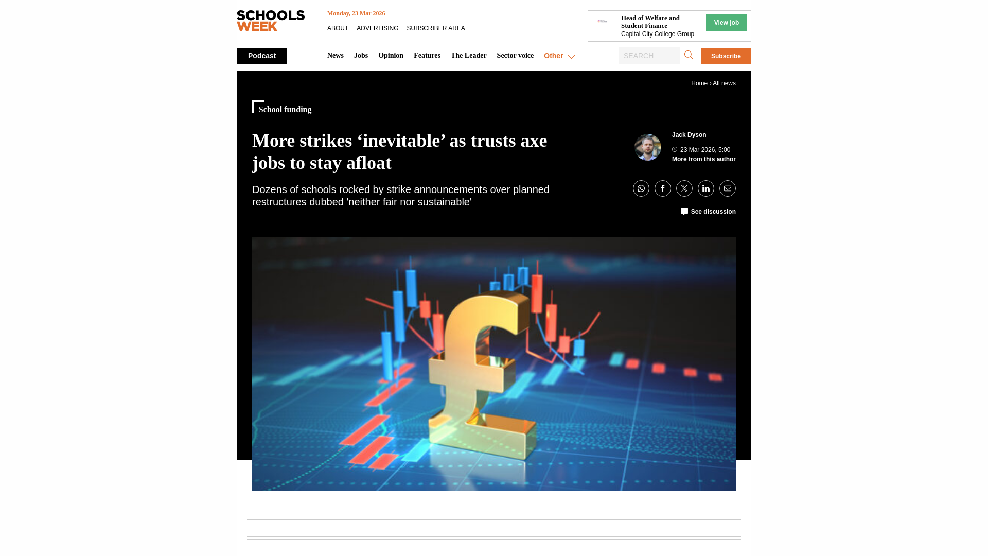 website screenshot of https://schoolsweek.co.uk/more-strikes-inevitable-as-trusts-axe-jobs-to-stay-afloat/