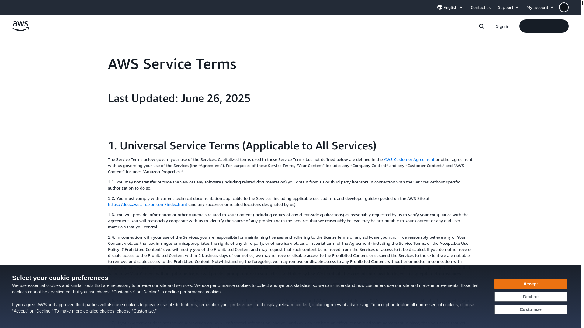 website screenshot of https://aws.amazon.com/service-terms/