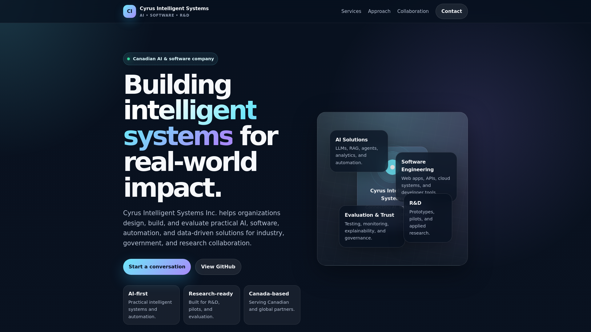 website screenshot of https://cyrusintelligentsystems.ca/