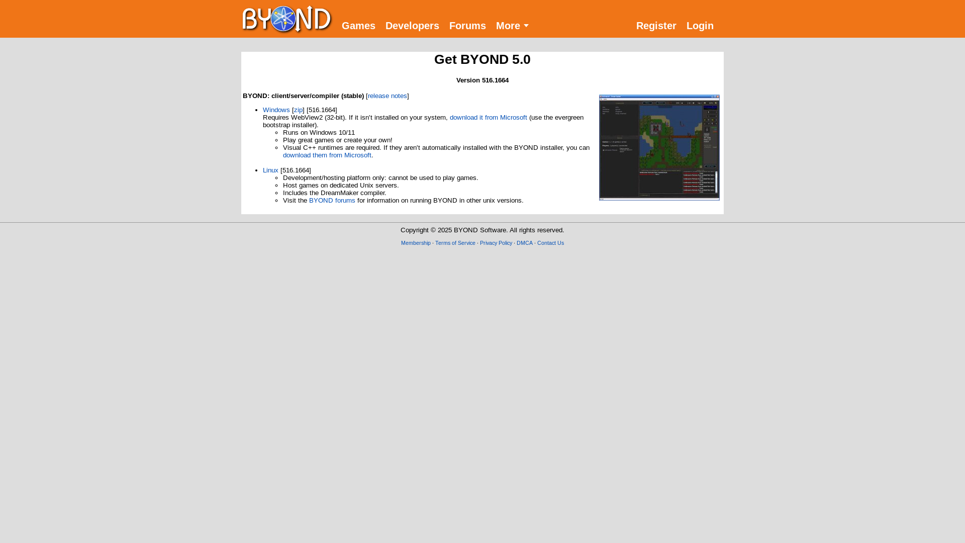 website screenshot of https://www.byond.com/download/