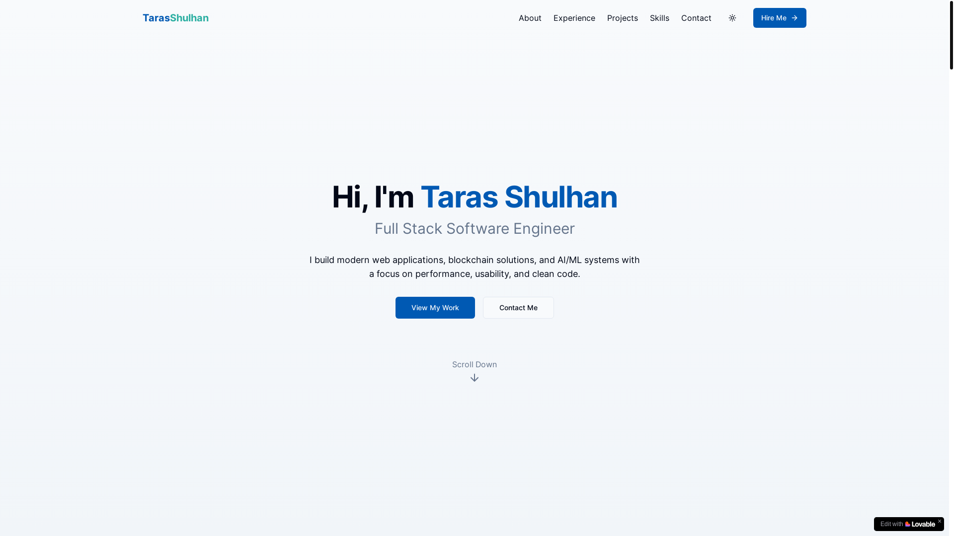 website screenshot of https://tarasshulhan.dev/