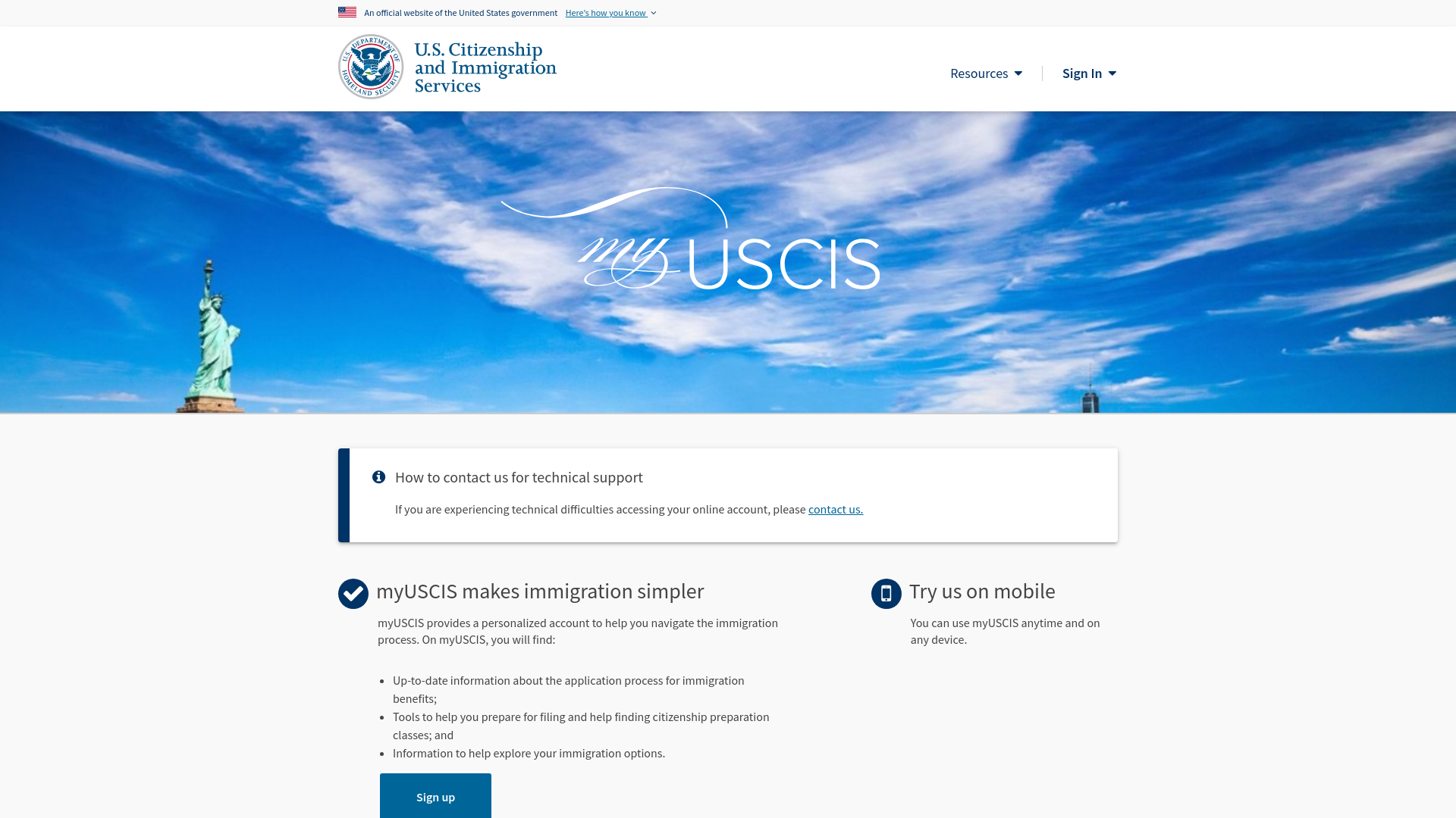 website screenshot of https://my.uscis.gov