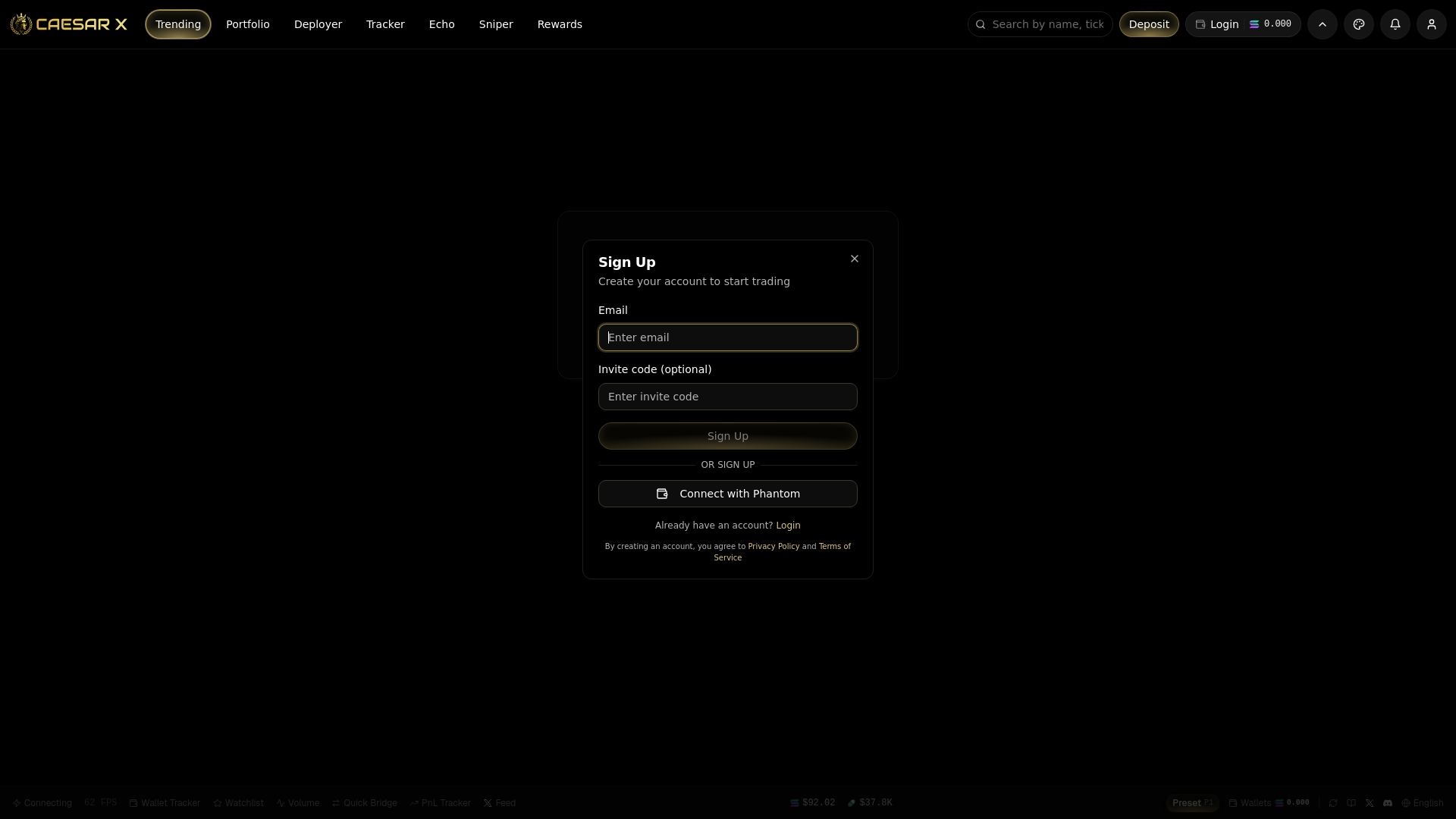 website screenshot of https://app.caesarx.trade