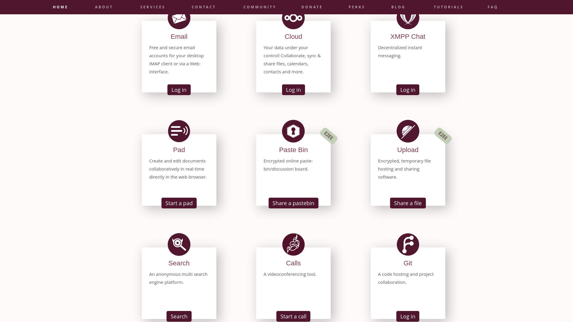 website screenshot of https://disroot.org/#services