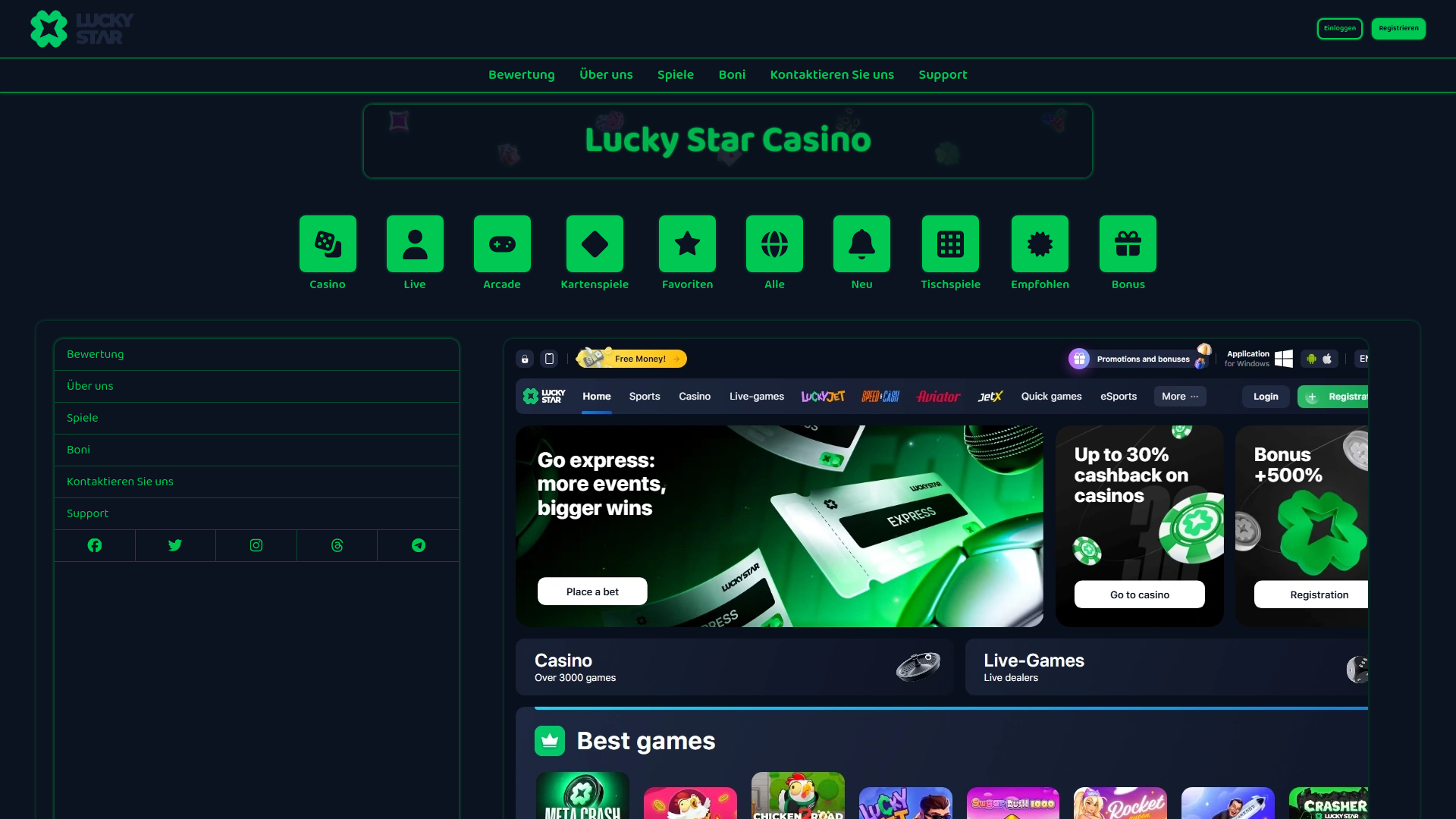 website screenshot of https://luckystarcasino.de