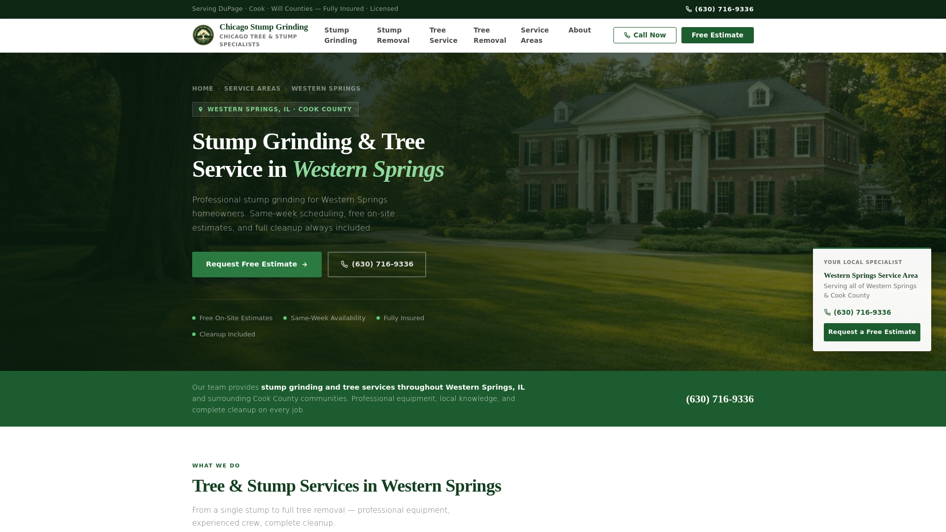 website screenshot of https://westernspringsstumpgrinding.com/