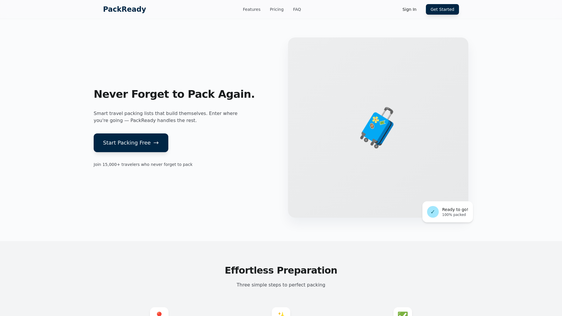 website screenshot of https://packready.app/