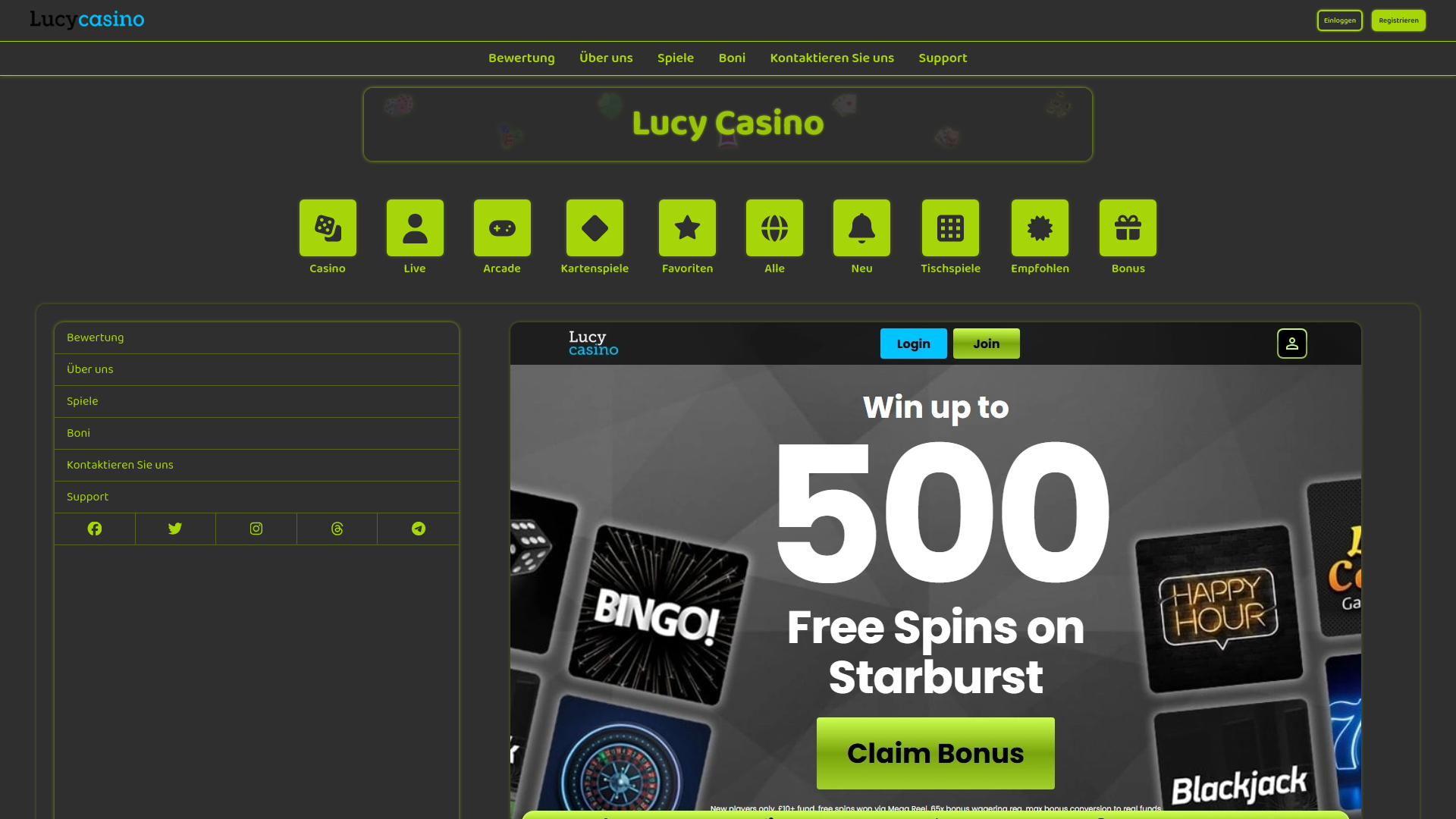 website screenshot of https://lucycasino.de/