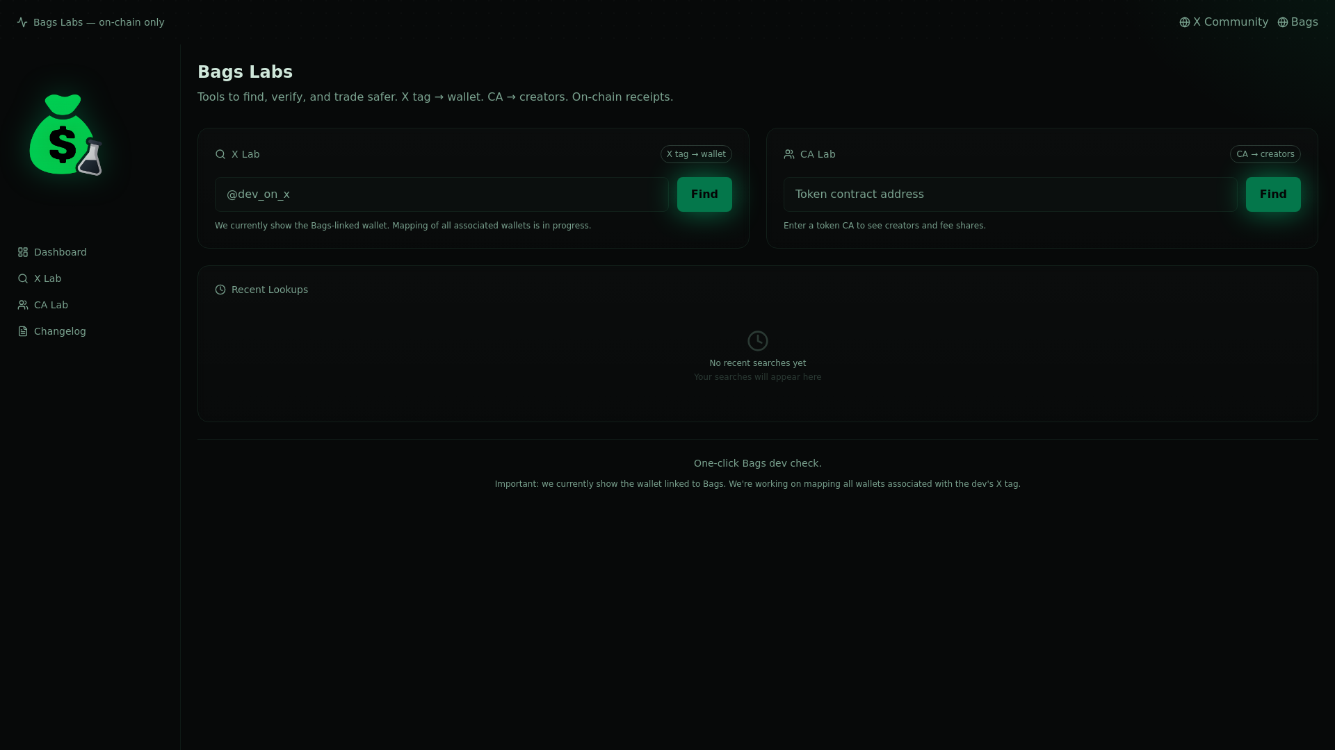 website screenshot of https://bagslabs.app/