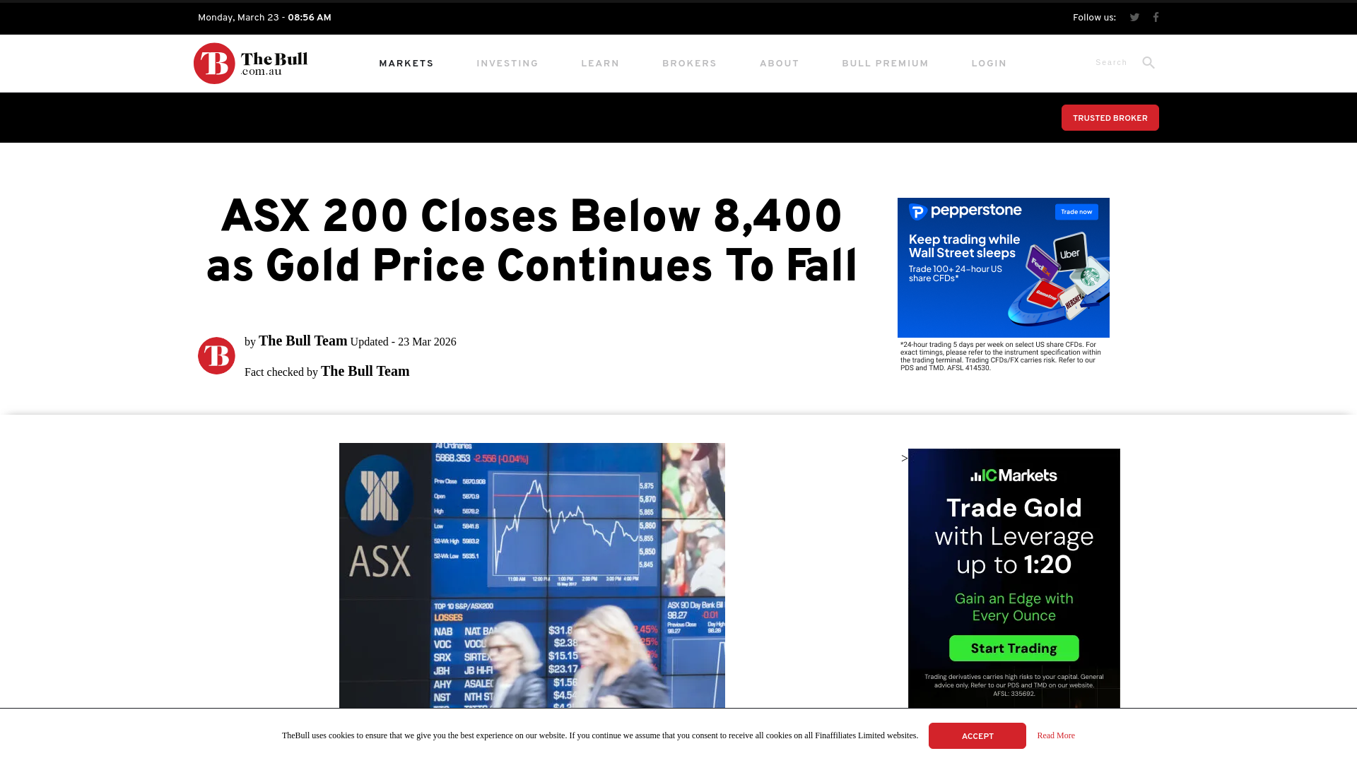 website screenshot of https://thebull.com.au/news/asx-200-closes-below-8400-as-gold-price-continues-to-fall/