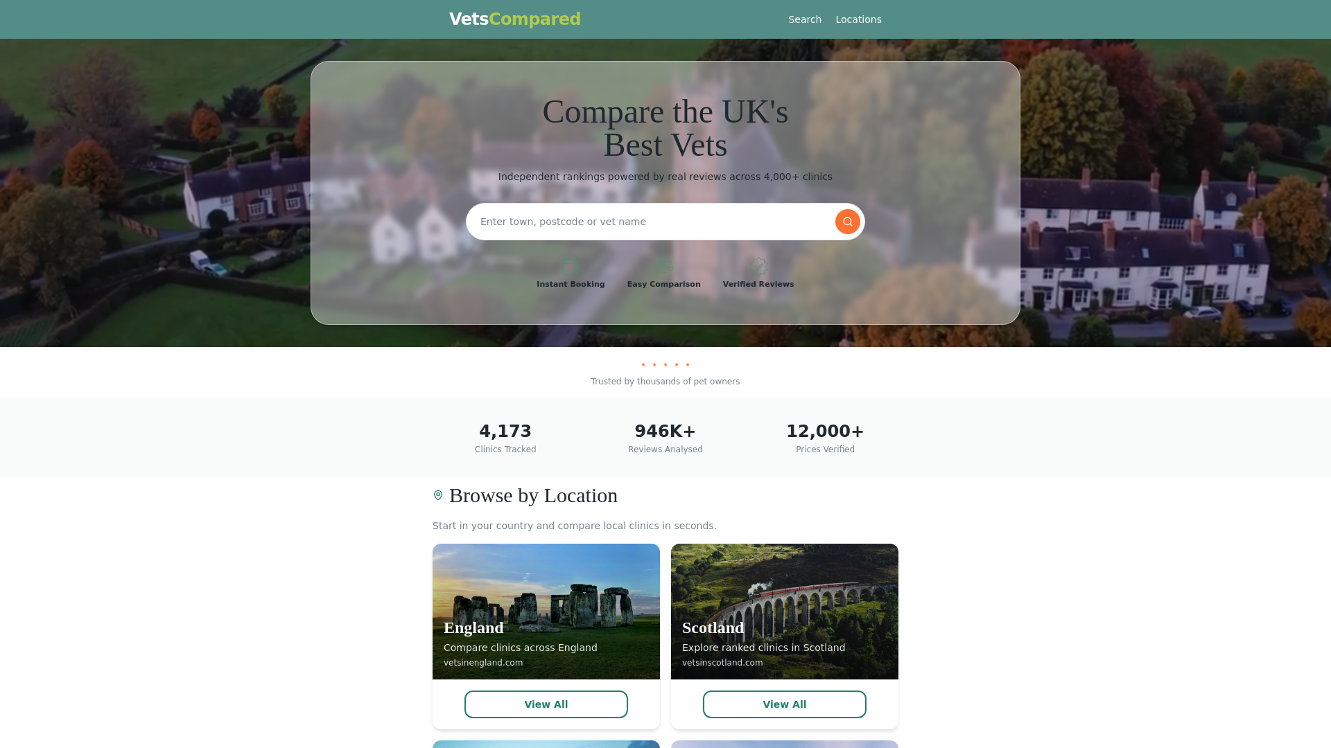 website screenshot of https://vetscompared.co.uk
