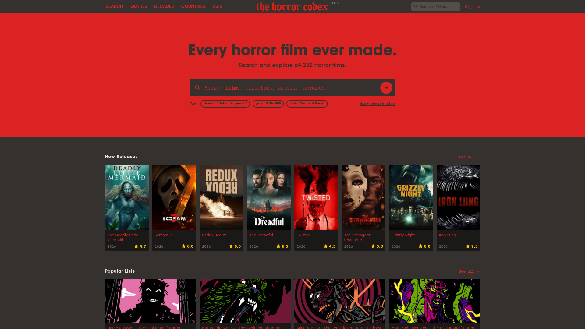 website screenshot of https://horrorcodex.com/