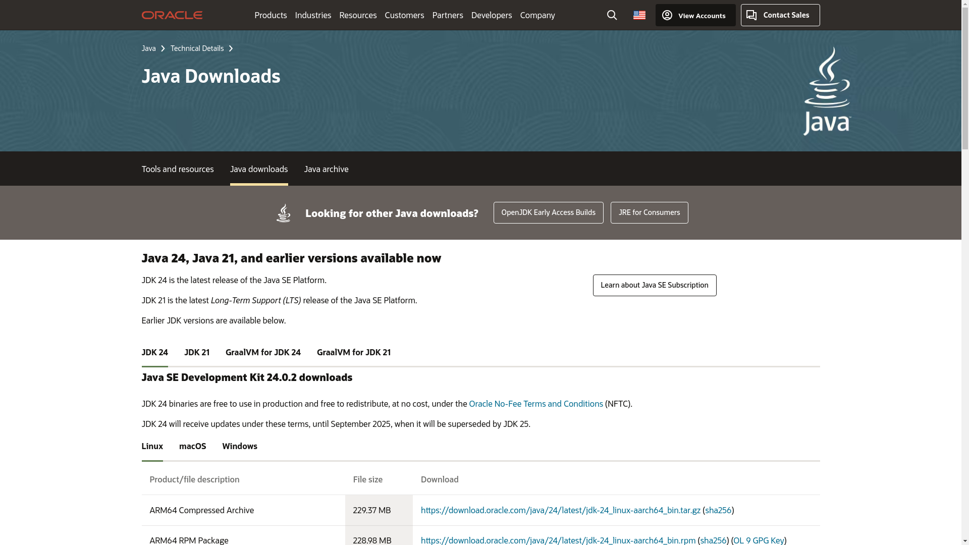 website screenshot of https://www.oracle.com/java/technologies/downloads/#license-lightbox