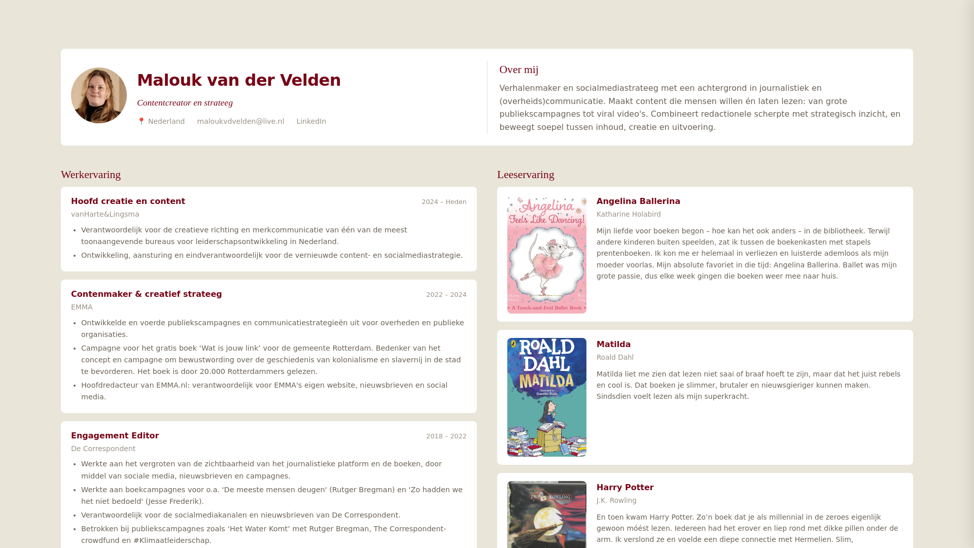 website screenshot of https://maloukvandervelden.work/