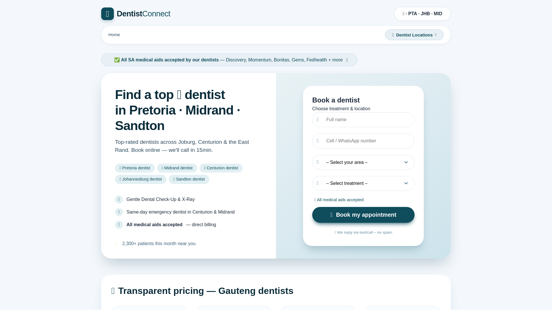 website screenshot of https://dentistconnect.co.za/