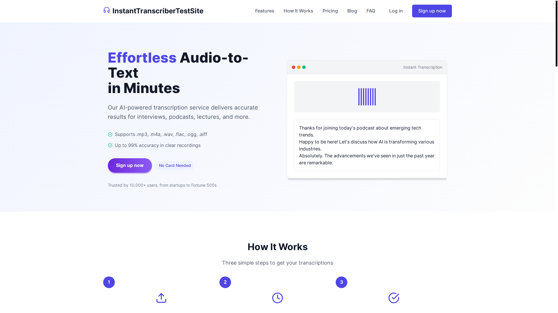 website screenshot of https://instanttranscriber-landing-test.pages.dev/