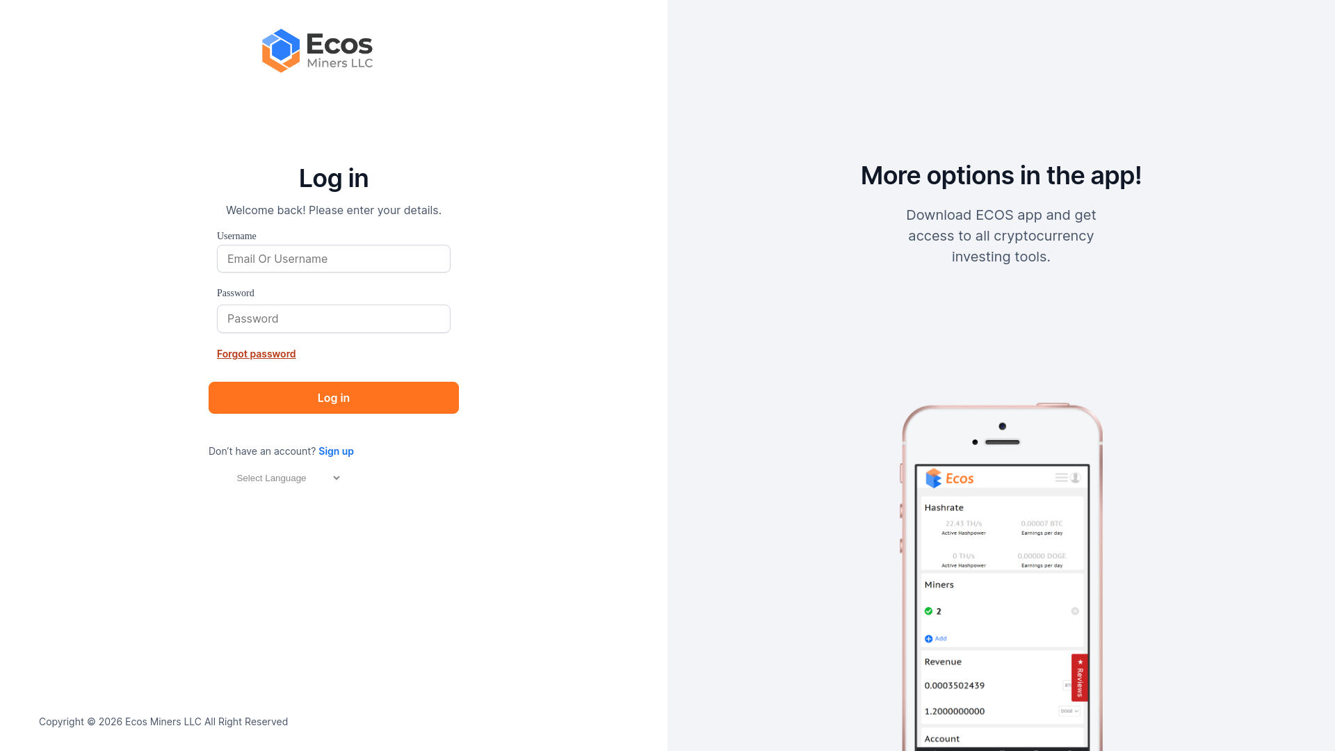 website screenshot of https://user.ecosminers.net
