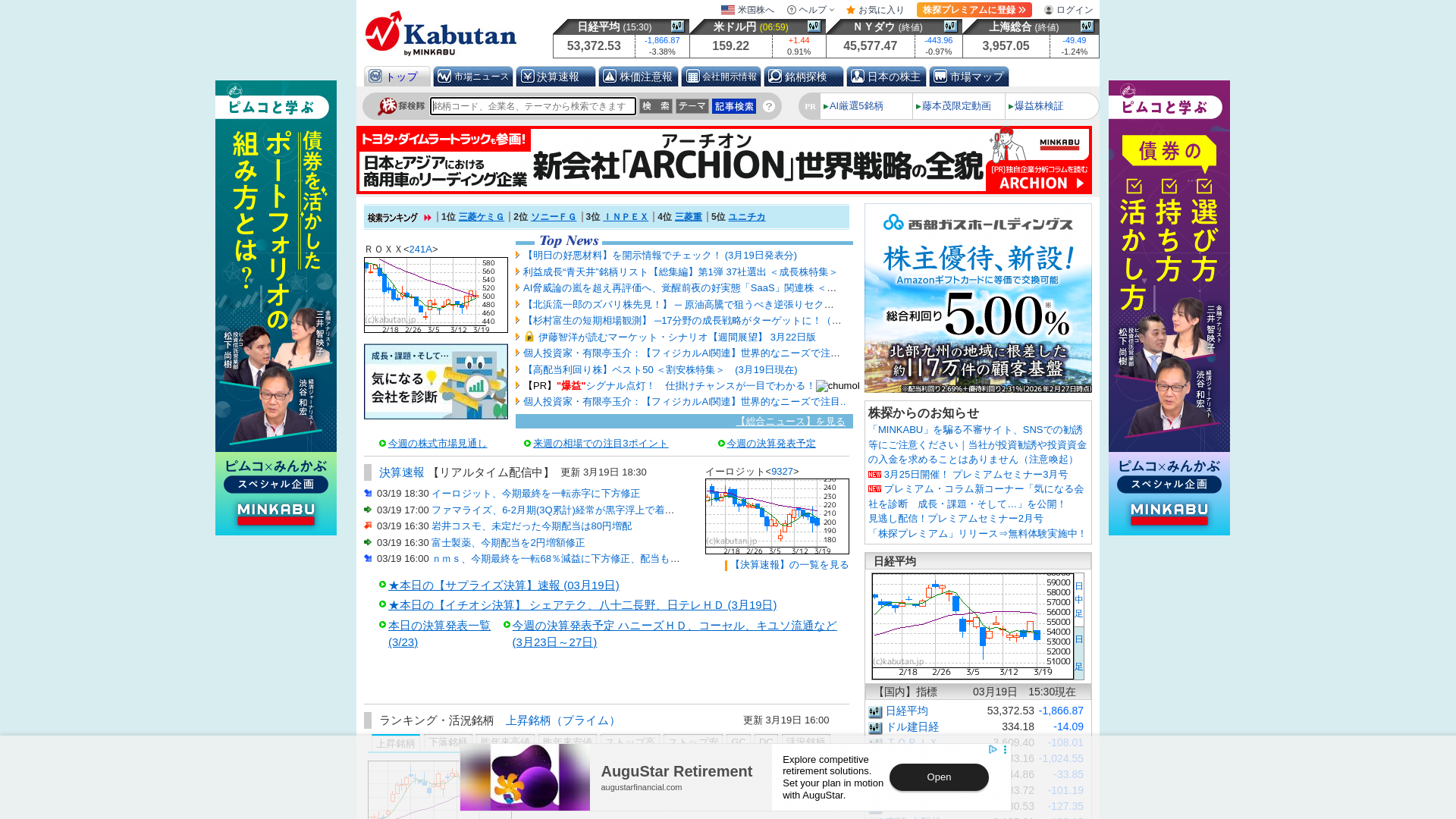 website screenshot of https://kabutan.jp