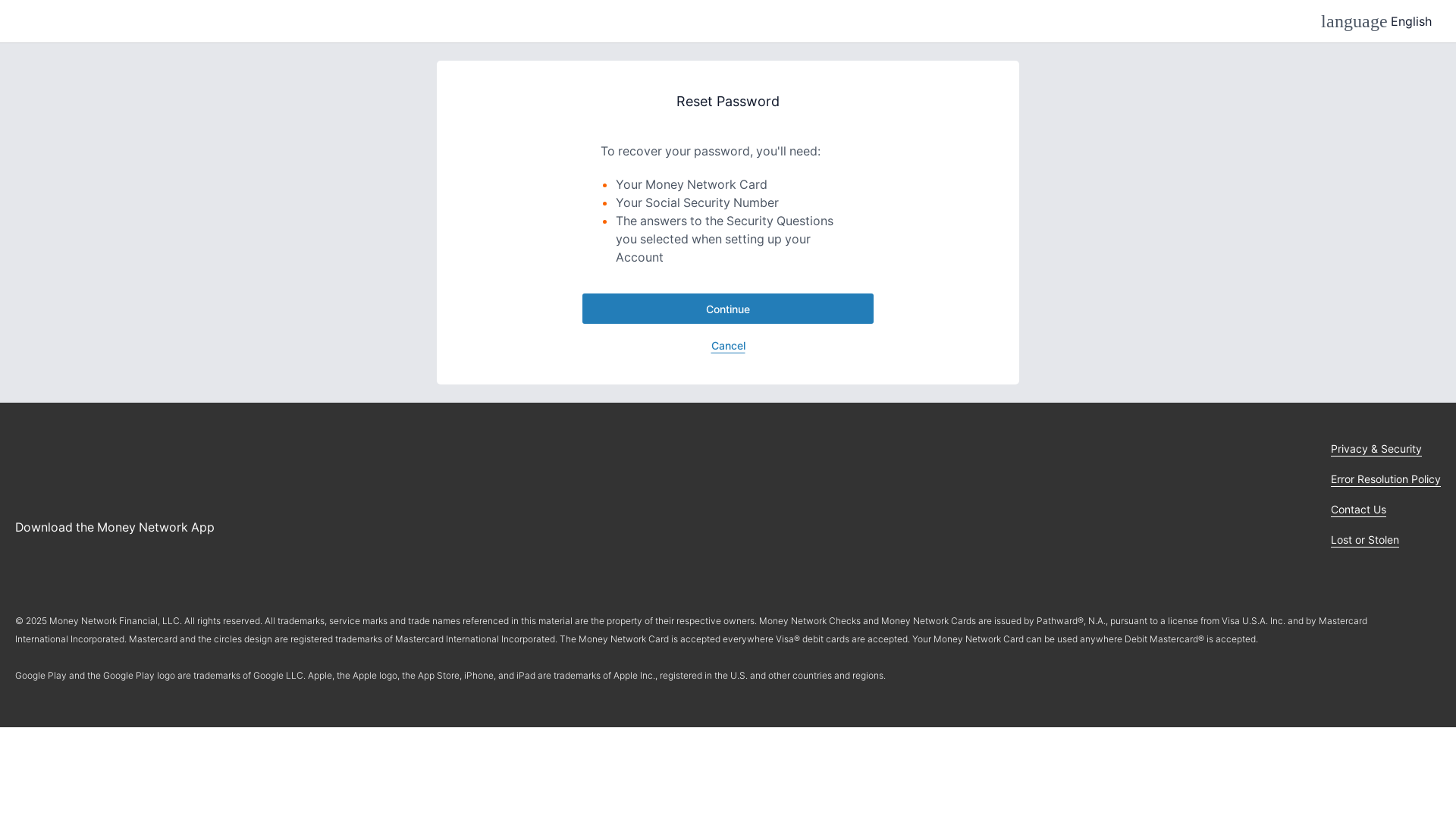website screenshot of https://www.everywherepaycard.com/forgot-password