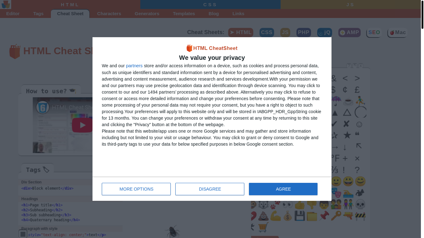 website screenshot of https://htmlcheatsheet.com/