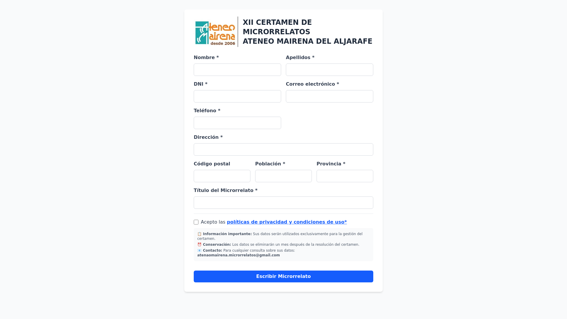 website screenshot of https://certamenmicrorrelatoateneomairena.es/