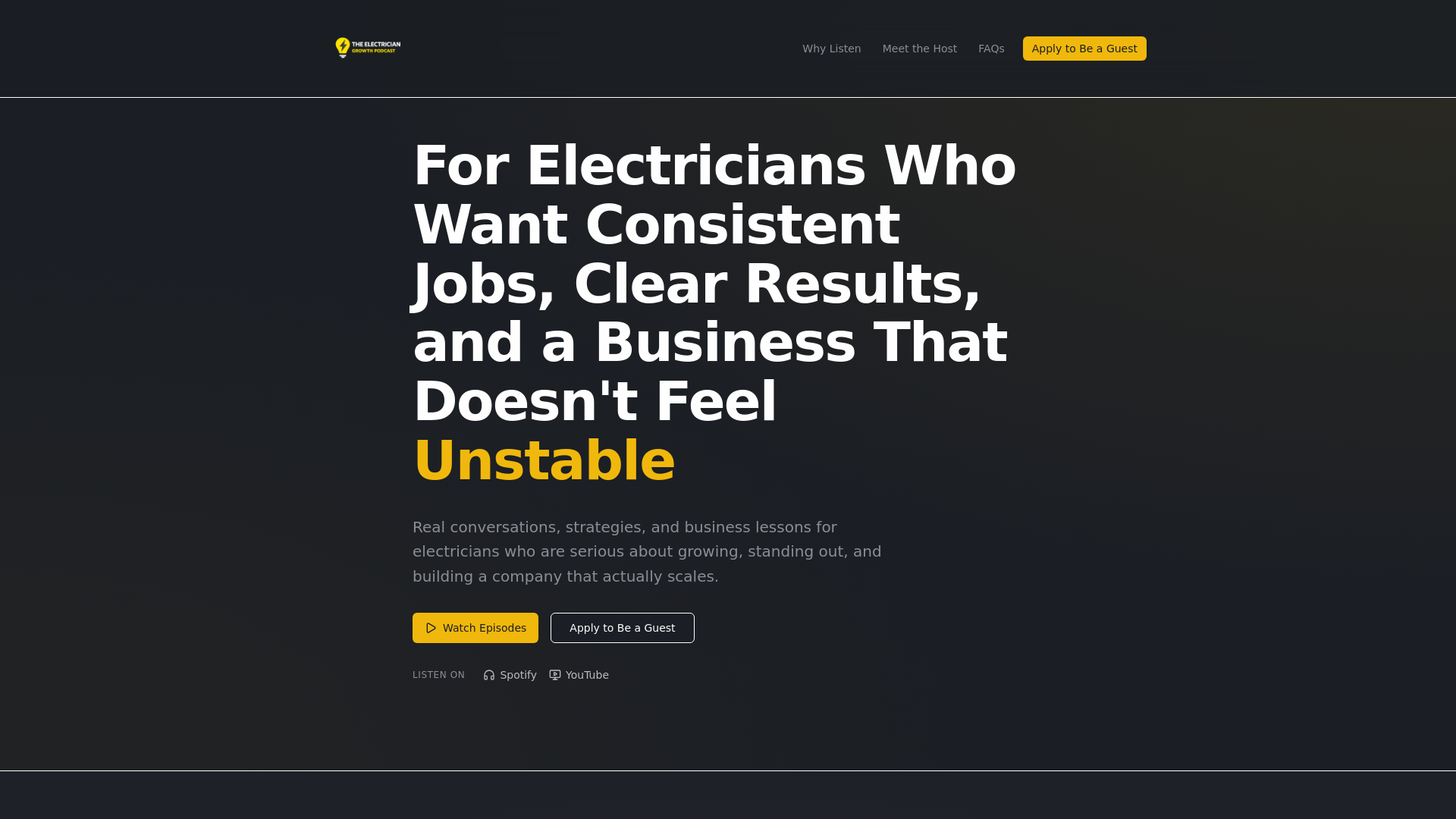 website screenshot of https://theelectriciangrowthpodcast.com