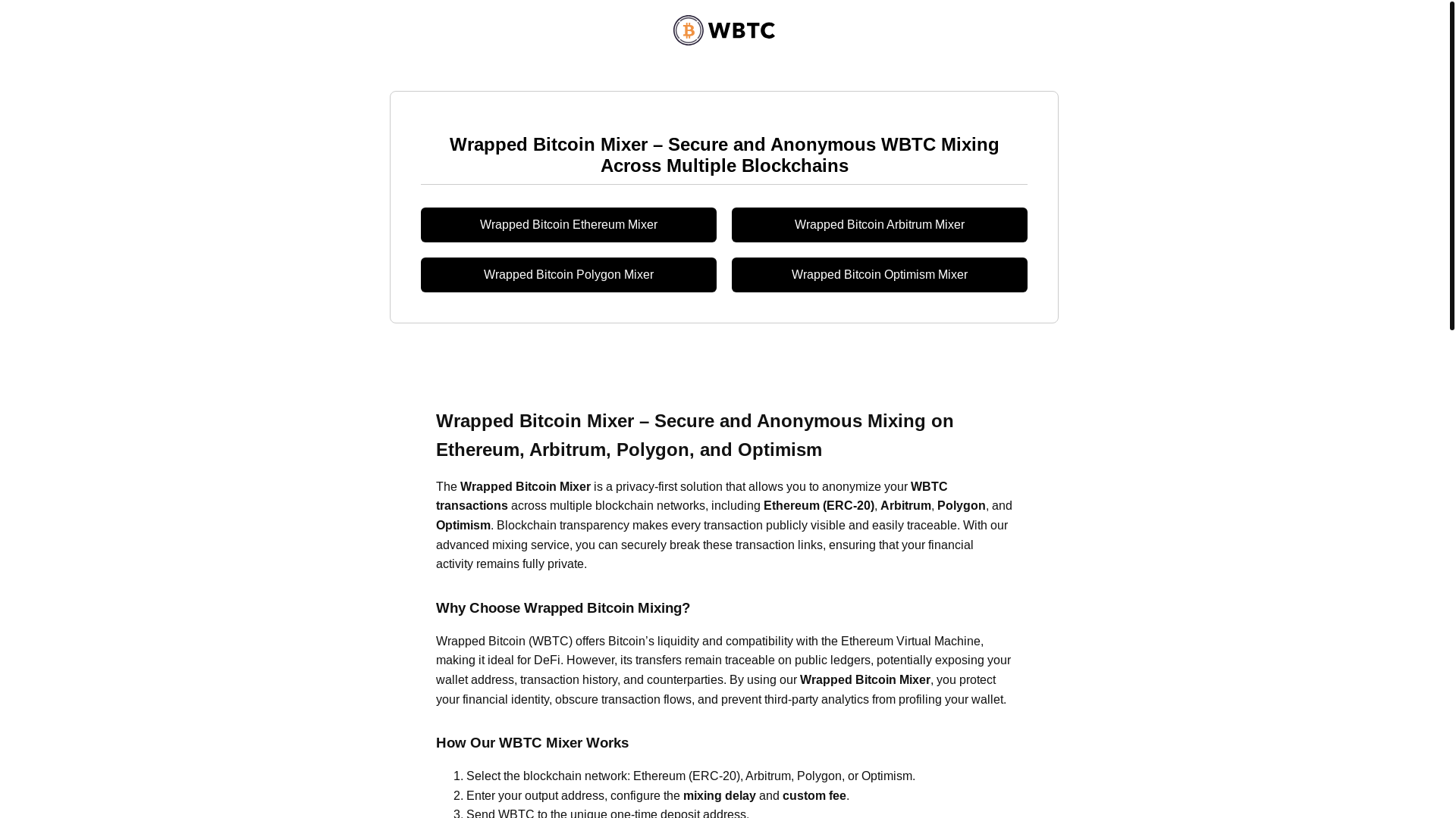 website screenshot of https://wbtc-mixer.com/