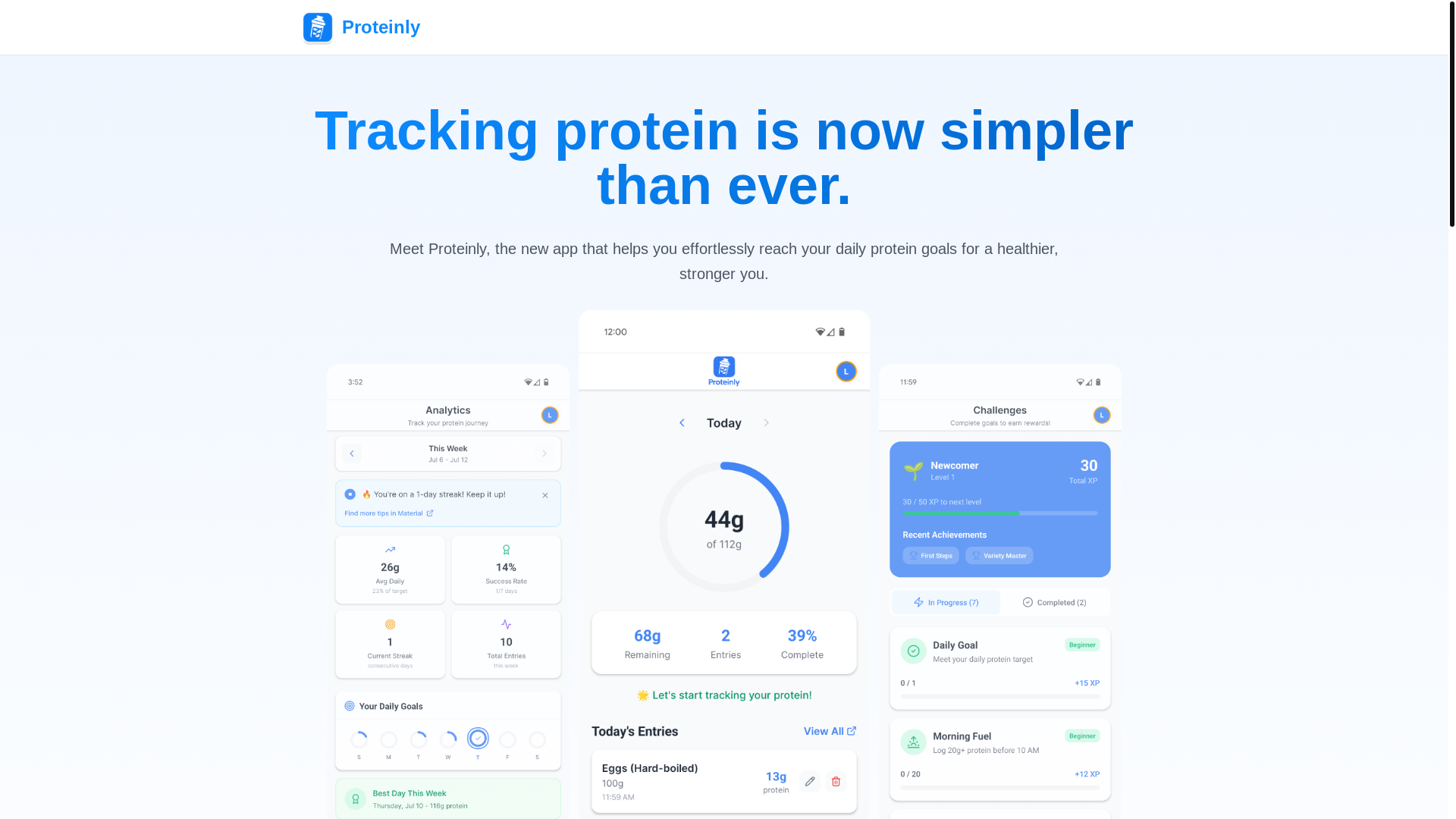 website screenshot of https://proteinly.app/