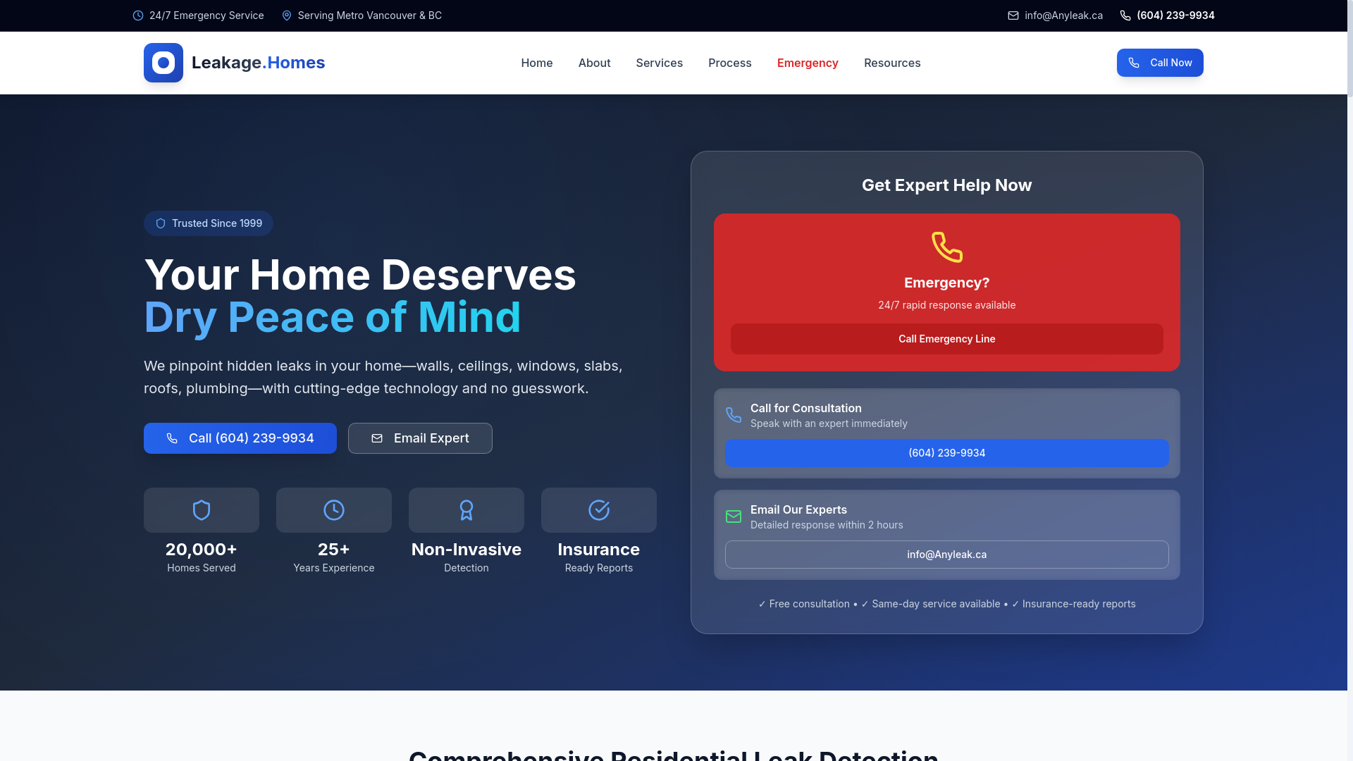 website screenshot of https://leakage.homes/