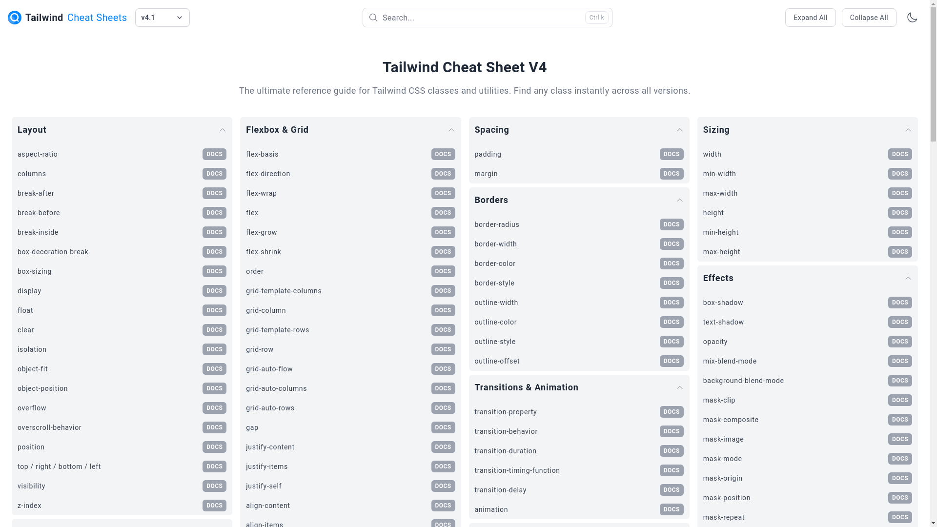 website screenshot of https://tailcheatsheet.pages.dev/