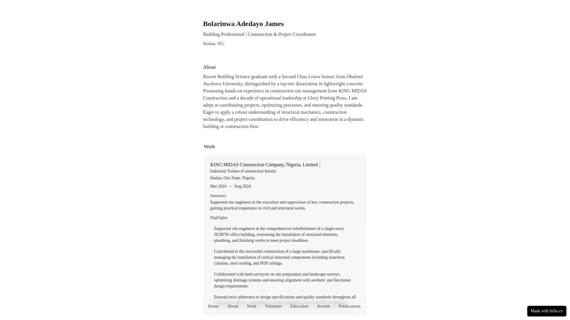 website screenshot of https://bolarinwajames.cv/