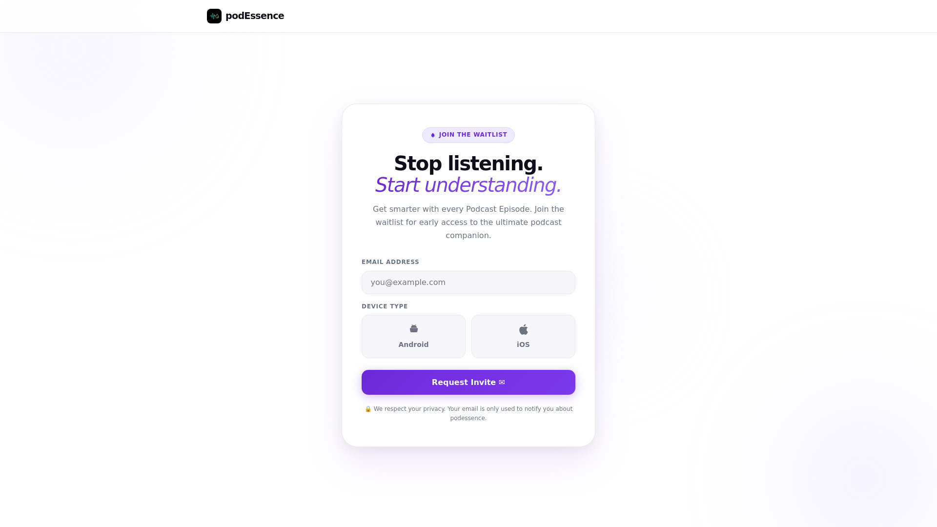 website screenshot of https://podessence.app