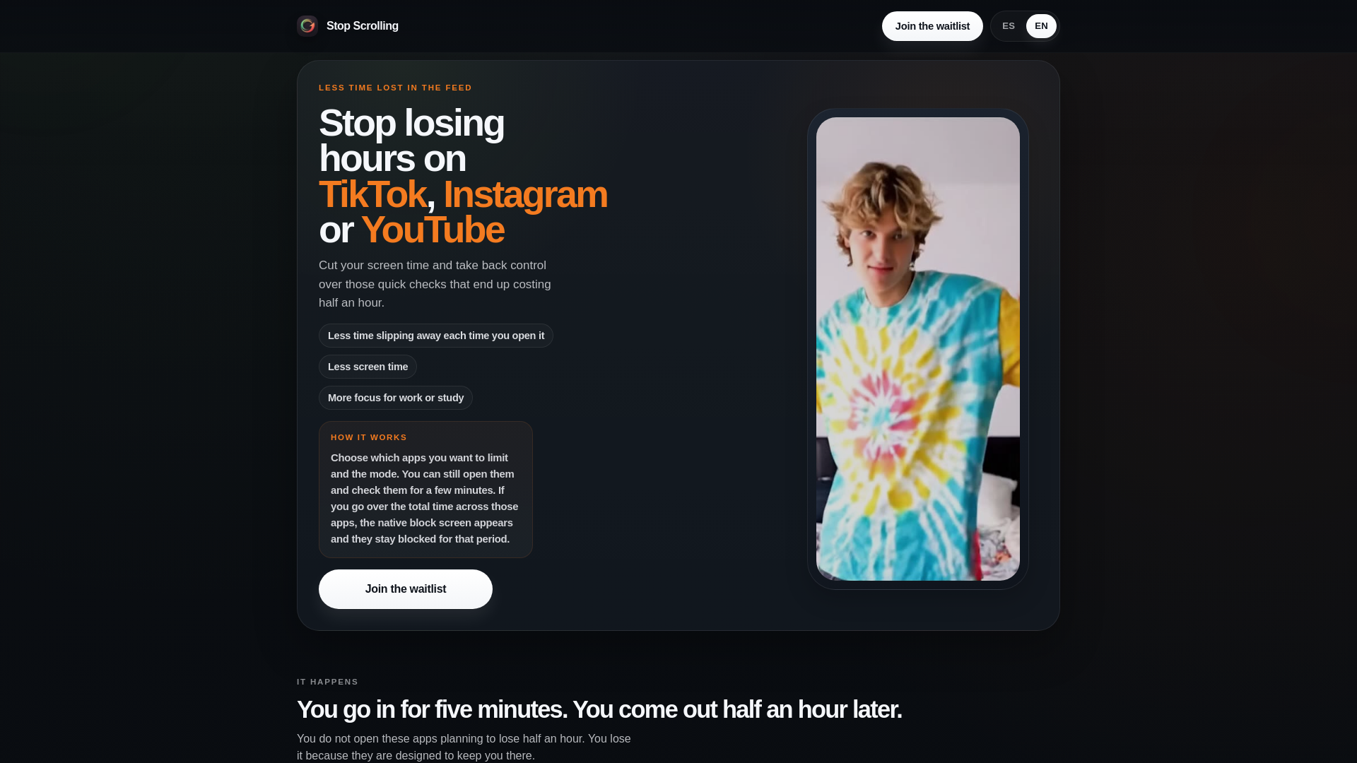 website screenshot of https://stopscrollingapp.com