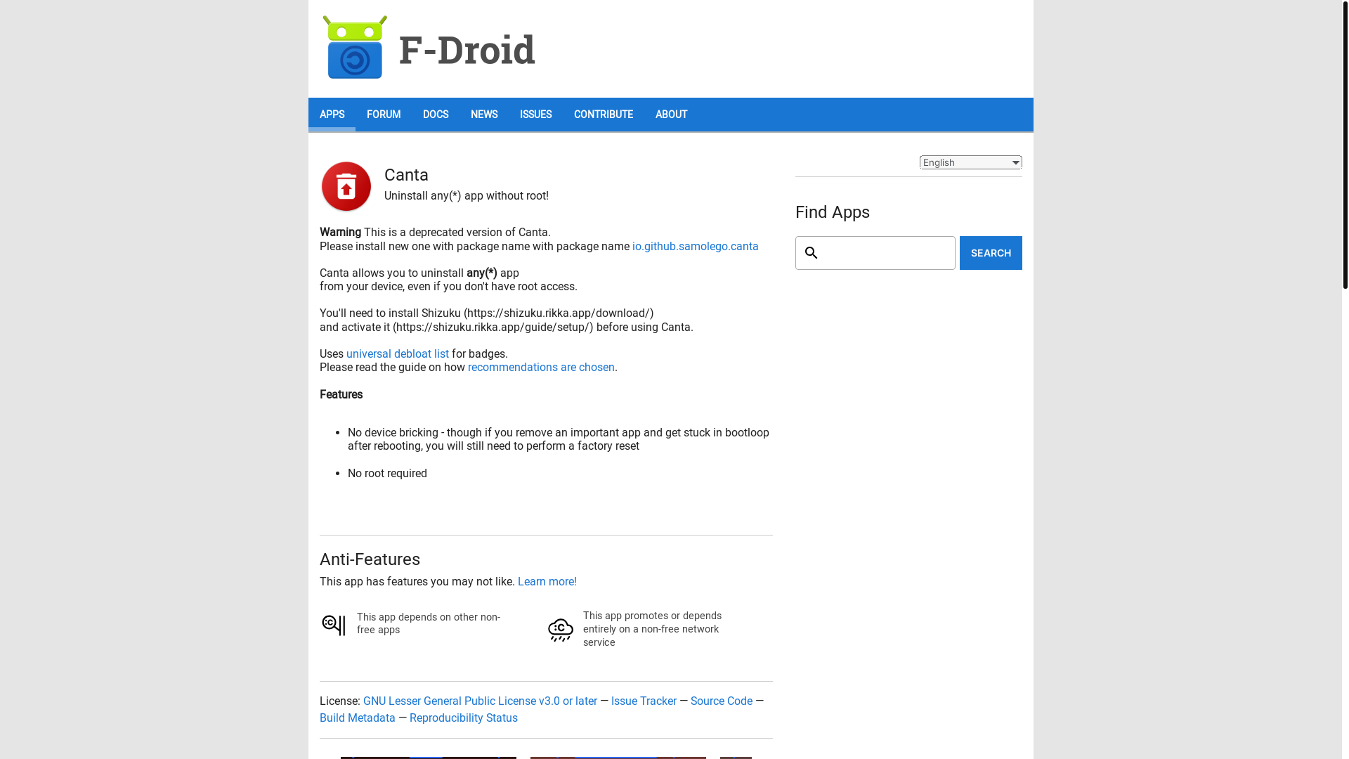 website screenshot of https://f-droid.org/packages/org.samo_lego.canta/