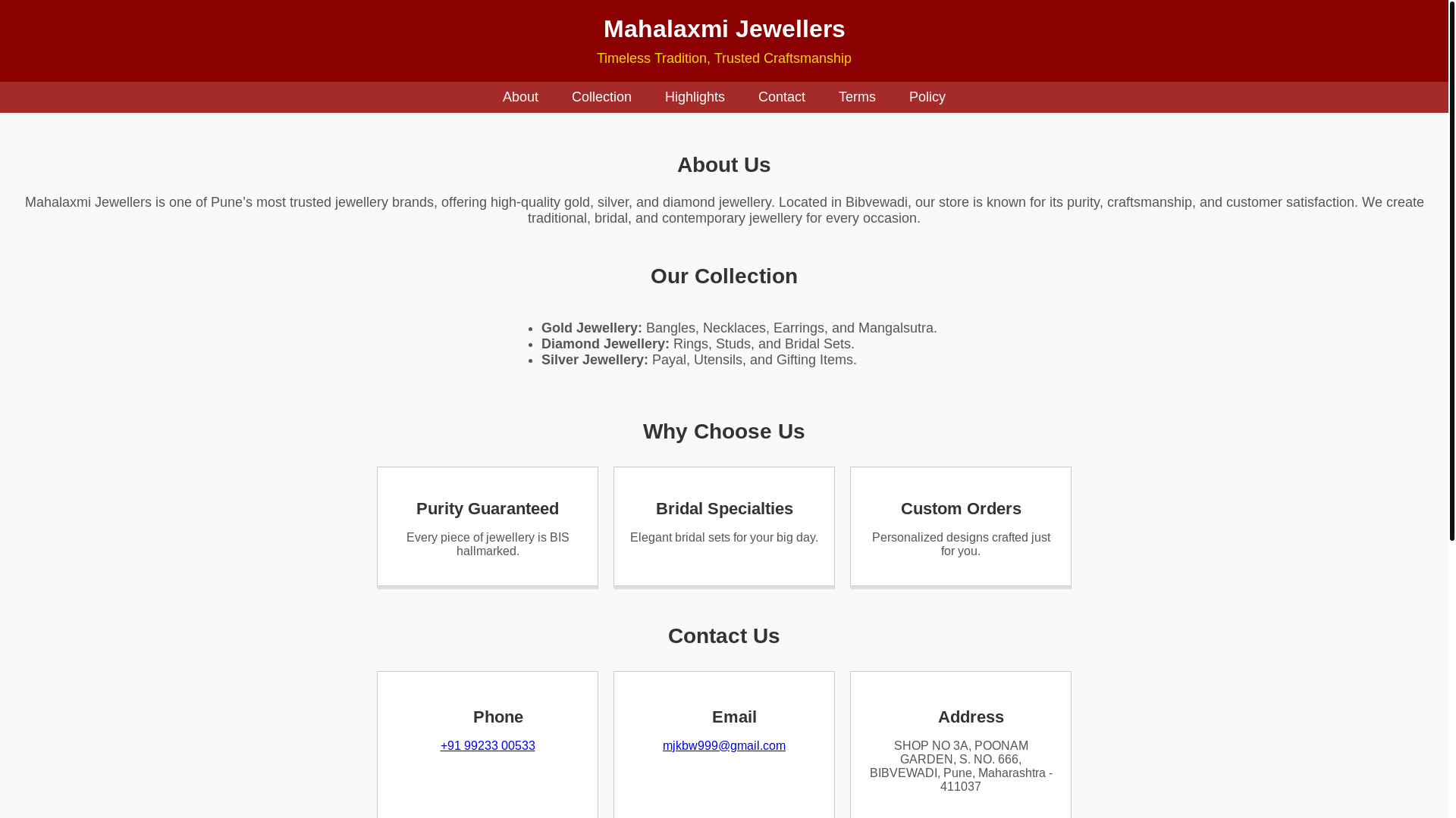 website screenshot of https://mahalaxmijewellersbibwewadi.shop/