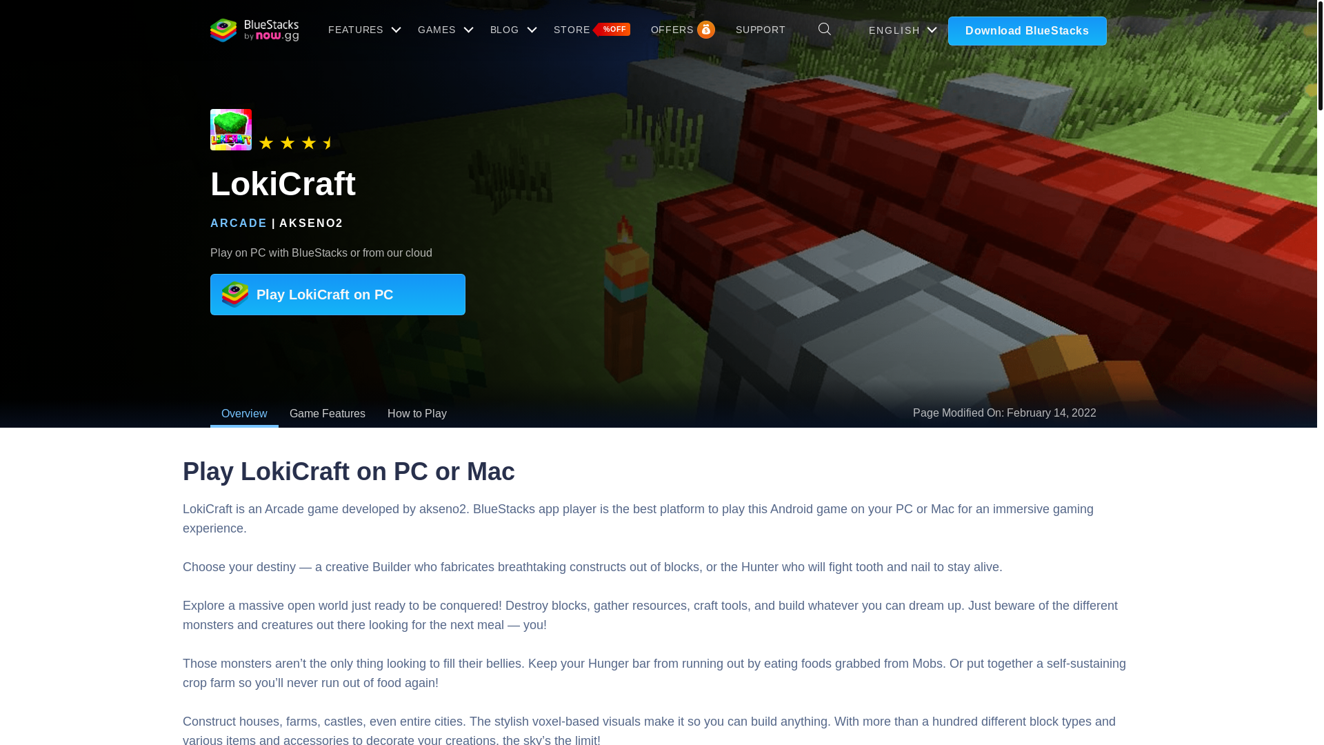 website screenshot of https://www.bluestacks.com/apps/arcade/lokicraft-on-pc.html