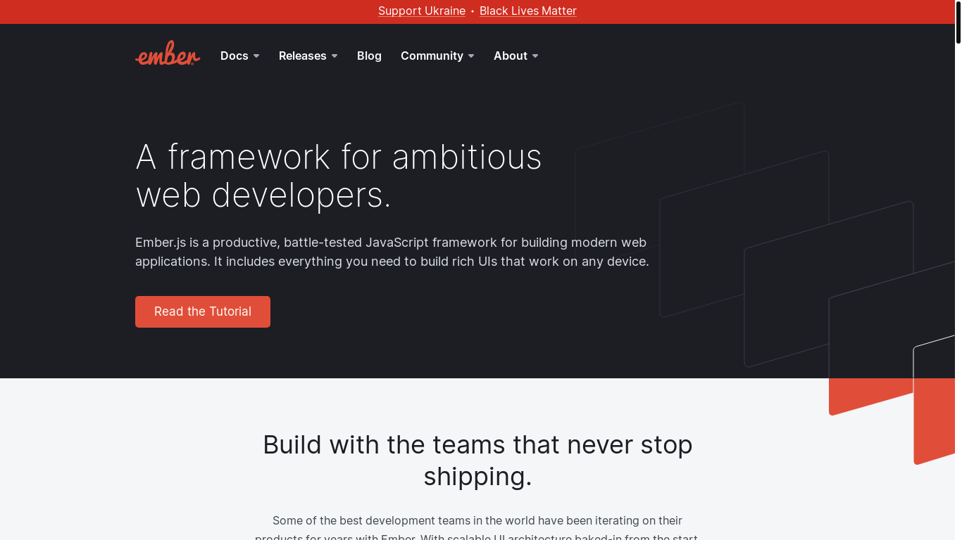 website screenshot of https://emberjs.com/