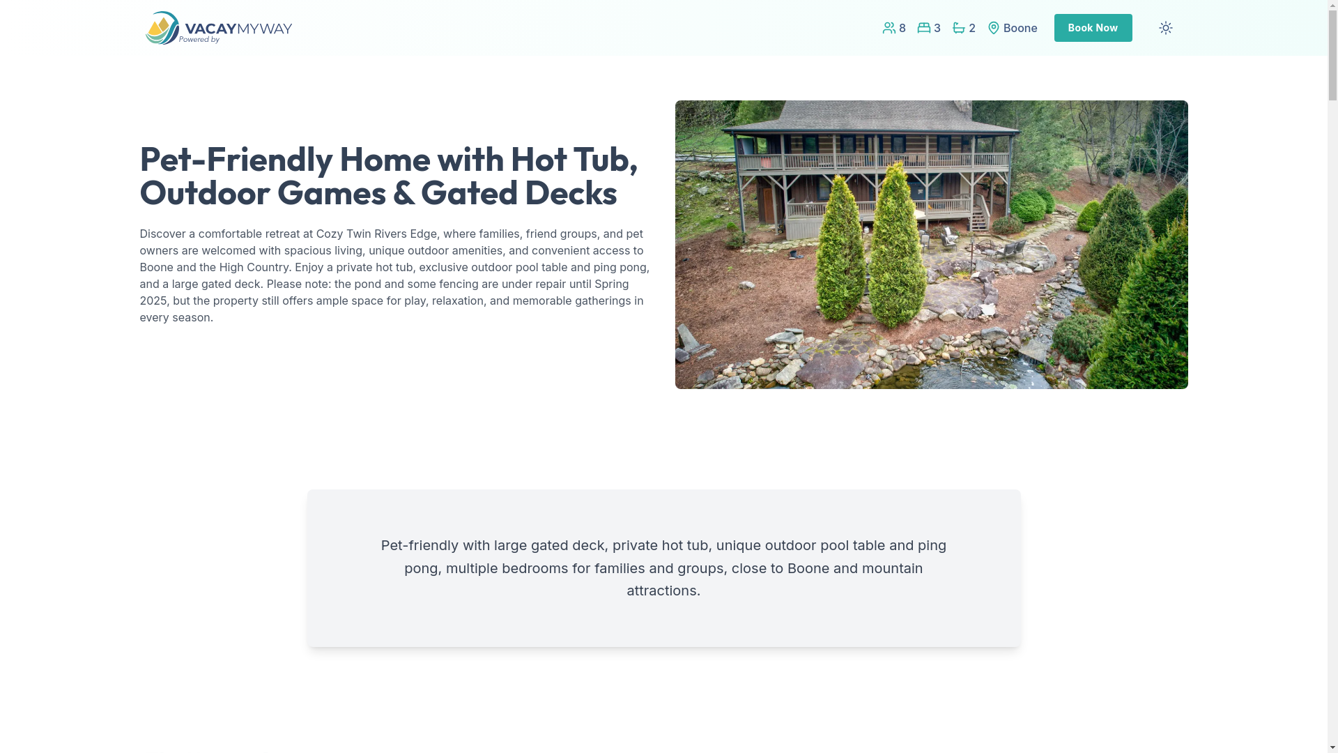 website screenshot of https://cozytwinrivers.vacations/