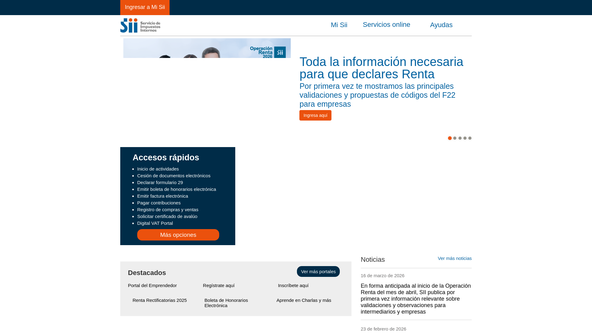 website screenshot of https://www.sii.cl