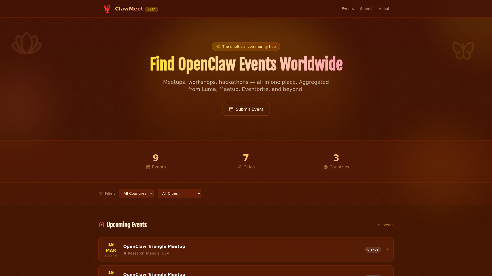 website screenshot of https://clawmeet.events/