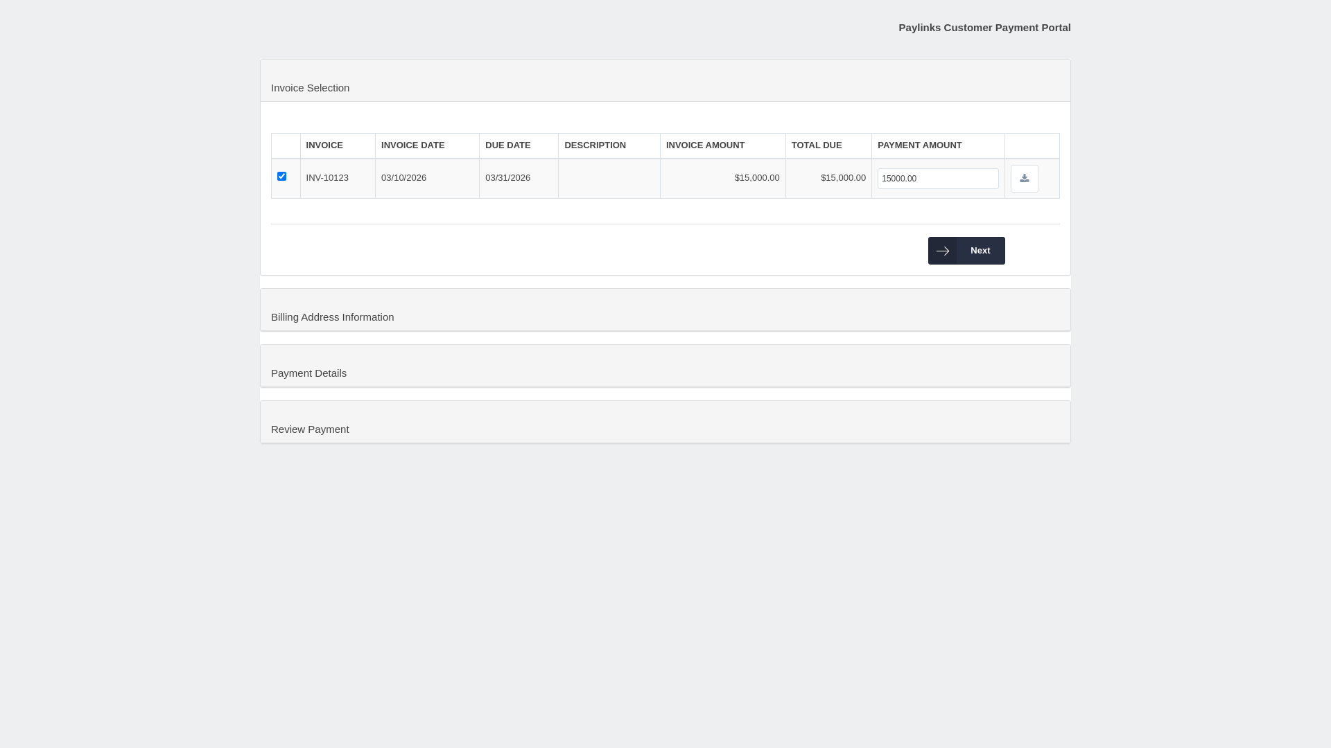 website screenshot of https://portal.tpro3.com/Paylink/The%20Real%20Deal/Paylinks/INV-10123