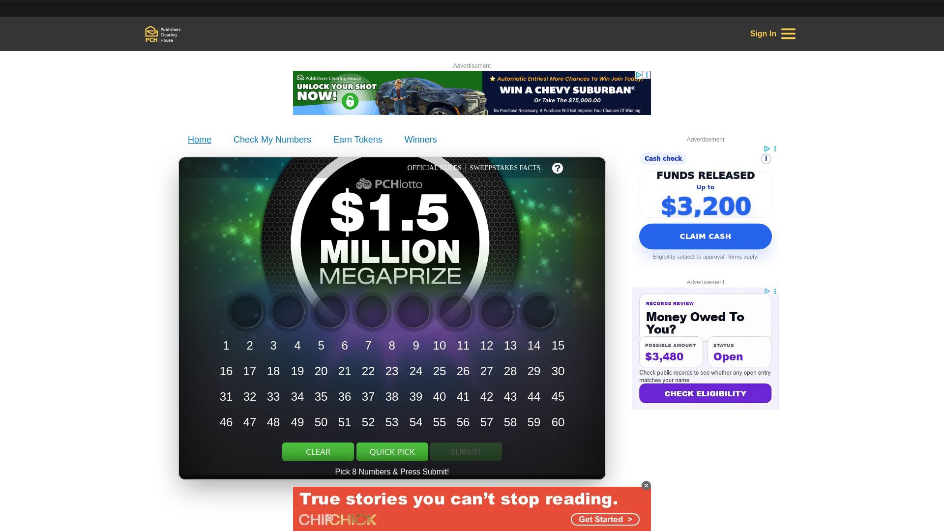 website screenshot of https://lotto.pch.com