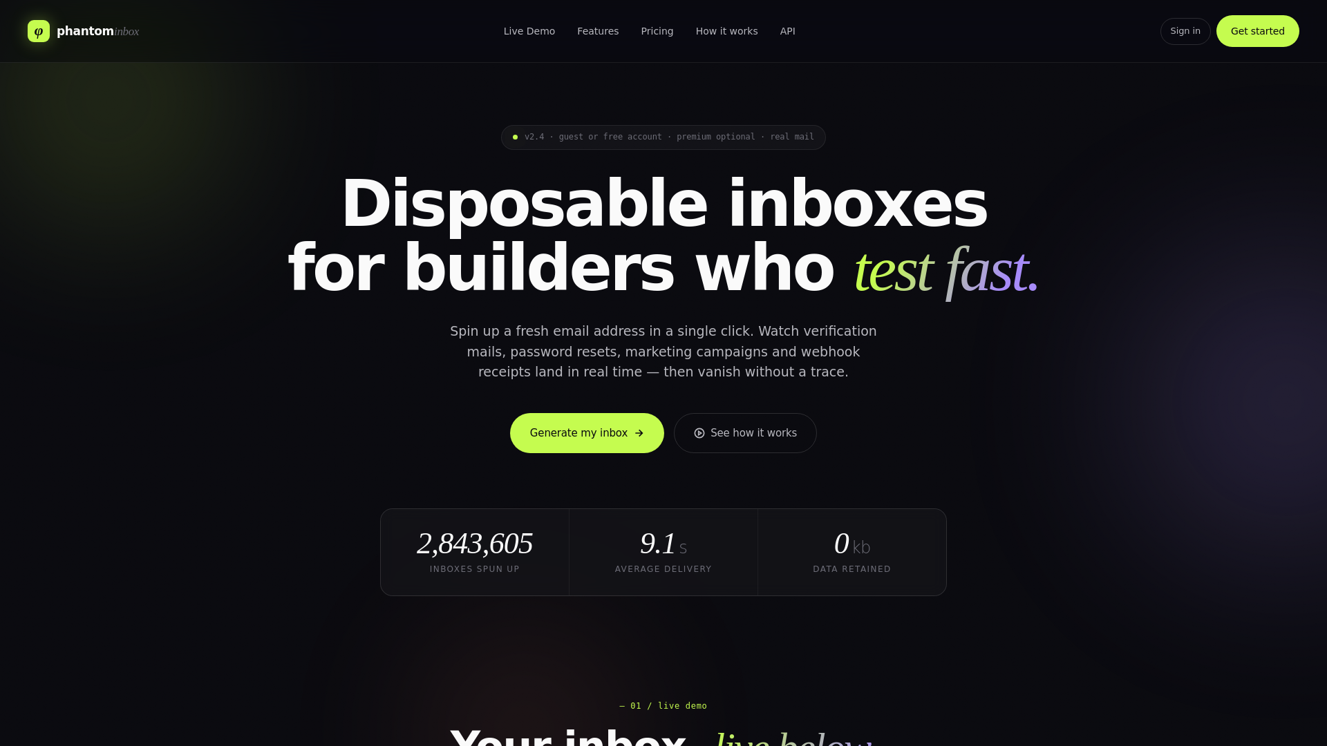 website screenshot of https://phantom-inbox.com/