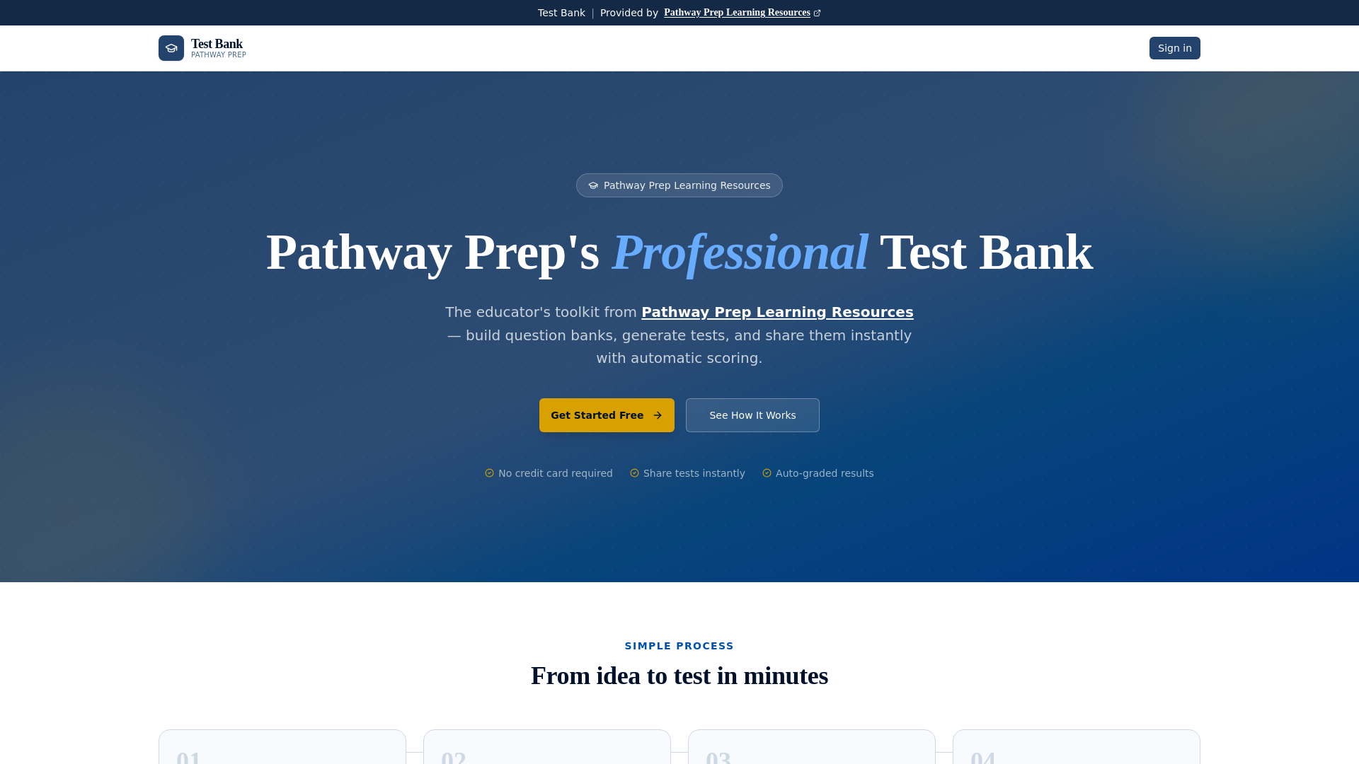 website screenshot of https://testbankcreator-pathwaypreplearning.com/