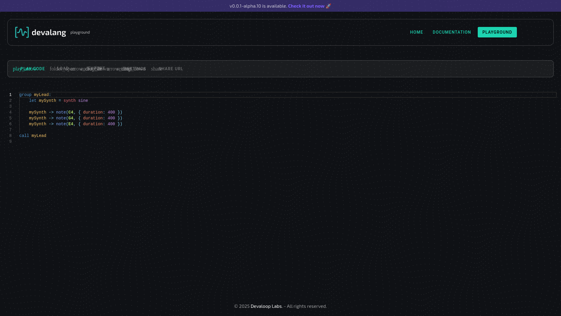 website screenshot of https://devalang-playground.pages.dev/
