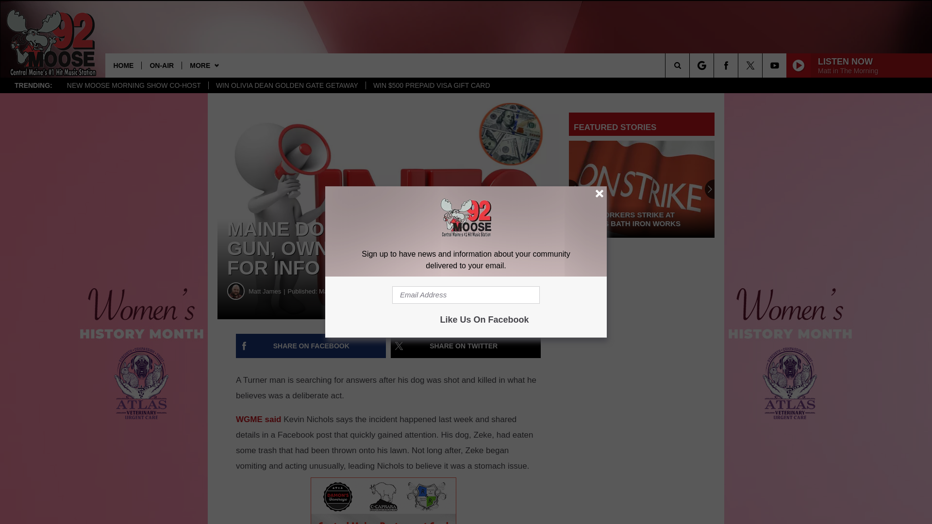 website screenshot of https://92moose.fm/turner-maine-dog-killed-reward-offered/