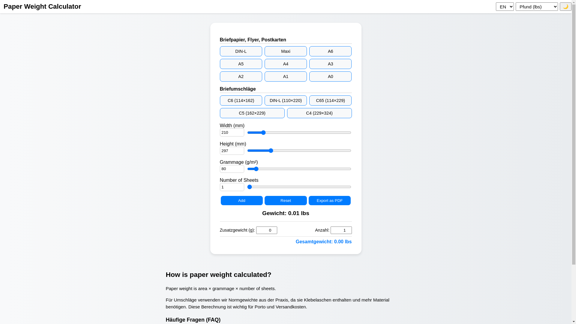 website screenshot of https://papier-gewicht.de/