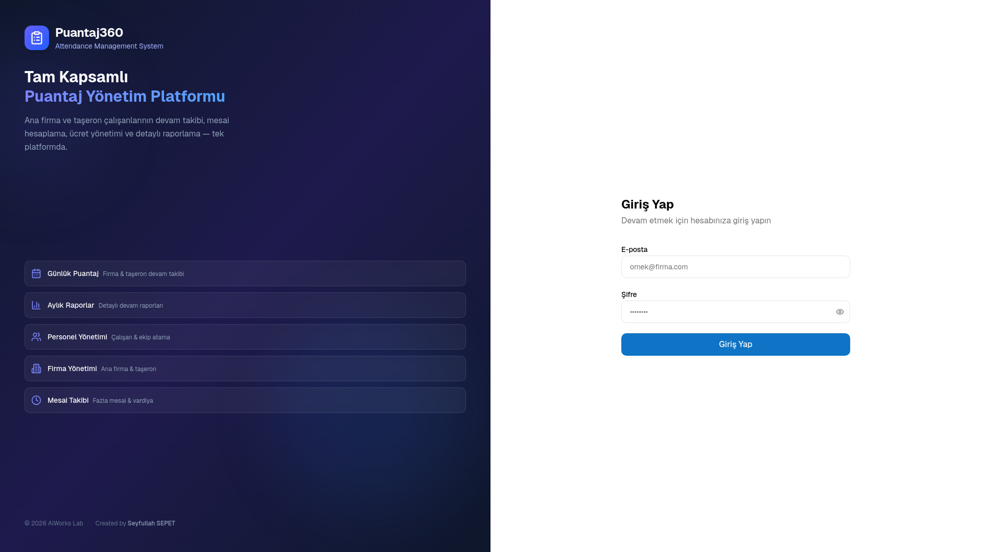 website screenshot of https://puantaj360.com/